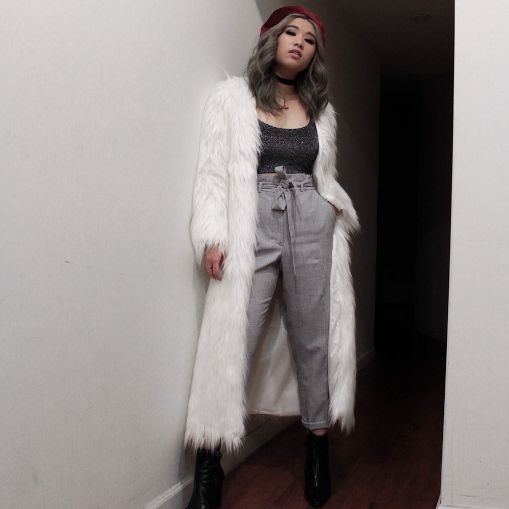 Long faux fur white coat